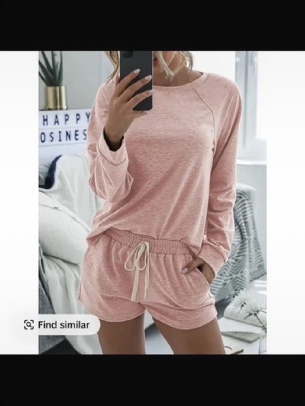 Cozy Women's Pink Lounge Set - Long Sleeve Top & Drawstring Shorts